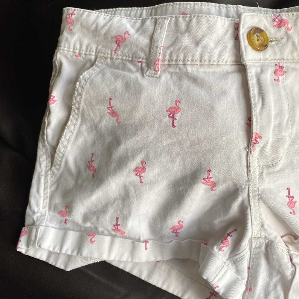 SO White Shorts with Pink Flamingo Pattern